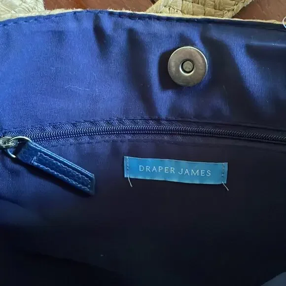 Draper James Straw Tote Bag Blue Silk Scarf Preppy Summer Coastal Nautical Vaca - Picture 4 of 7